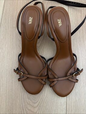 Zara Tan Leather Strappy Heeled Sandals